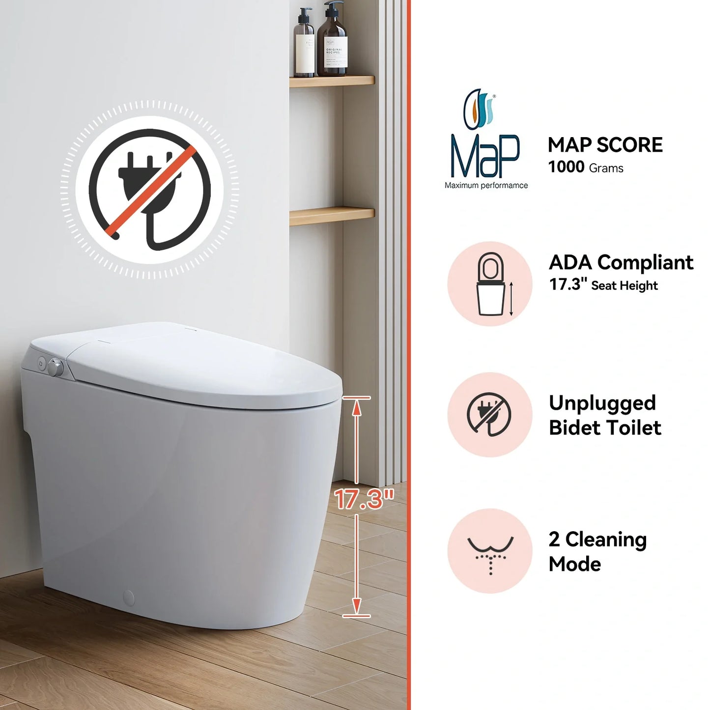 Pressure Assist Toilet with Non Electric Bidet Toilet Seat for 12 Inch Rough In Model T30