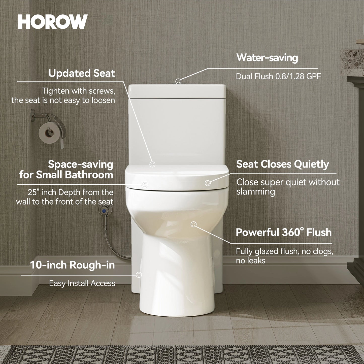 HOROW 8733-10 Compact Toilet with Dual Flush for 10 Inch Rough In