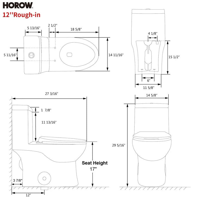 HOROW Elongated One Piece Toilet with Dual Flush Model T0337W