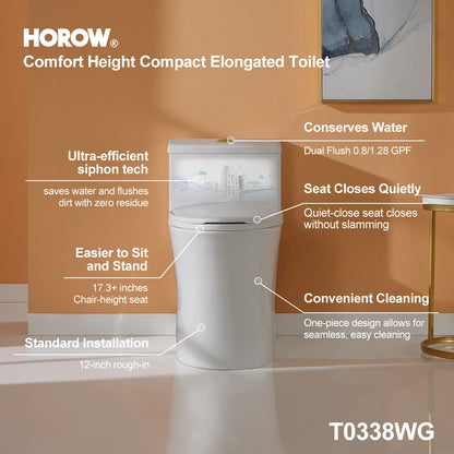 HOROW T0338W-G One Piece Toilet with Golden Button