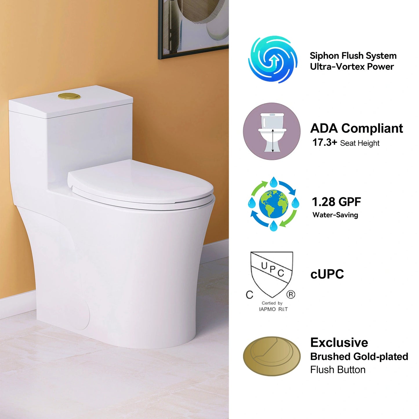 HOROW T0338W-G One Piece Toilet with Golden Button